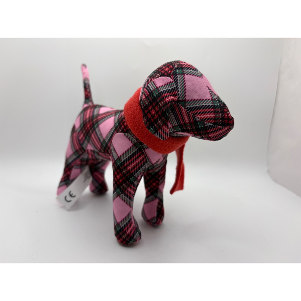 Victoria's Secret PINK‎ Plush Dog Pink Black Plaid Red Scarf Collectible 8 Inch